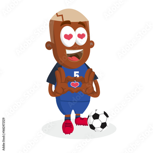 Love Struck Soccer Player Mascot With Heart Eyes And Blue Jersey Expressing Romance