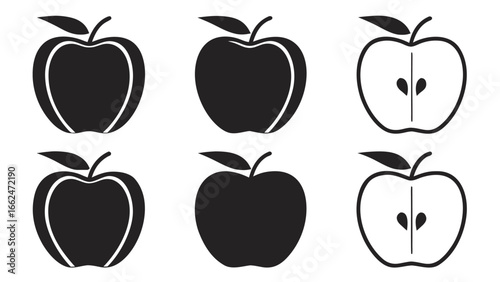 Black apple icons whole and halved fruit food
