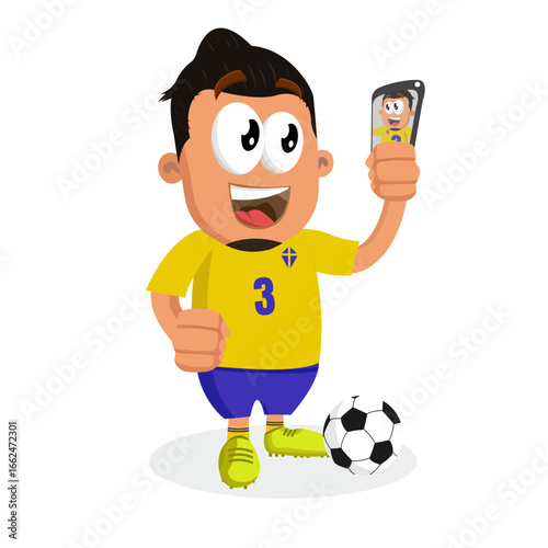 Happy Soccer Player Mascot Taking Selfie With Smartphone Celebrating Goal Or Victory For Social Media