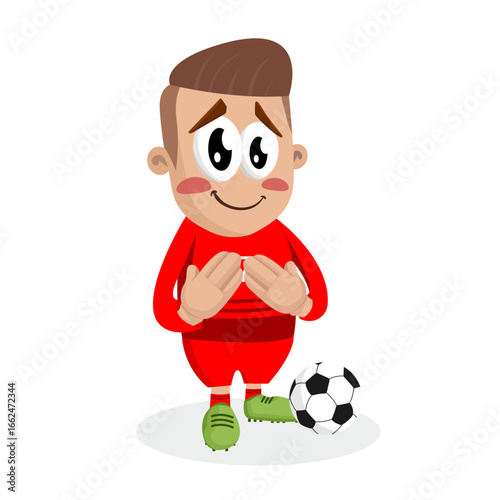 Modest And Shy Soccer Player Character In Red Uniform Showing Heart Sign Hand Gesture For Fans