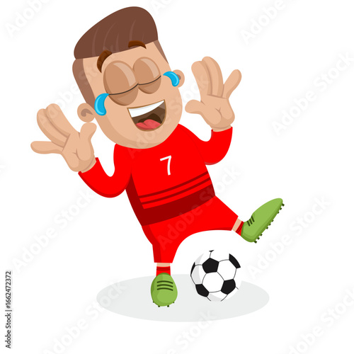 Joyful Soccer Player Character Laughing Out Loud Celebrating Goal And Victory In Professional Football Competition