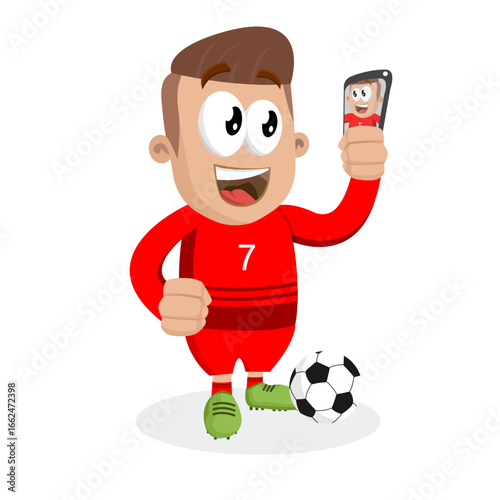 Soccer Player Character Using Smartphone For Live Streaming Or Recording Video Message For Fans On Social Media