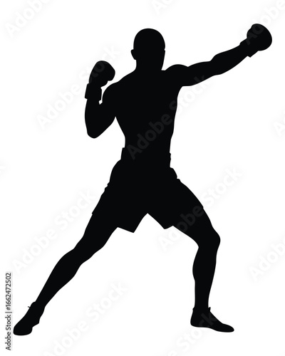 Vector art of silhouette of a boxer in action, throwing a punch, , showcasing strength, fitness, and the intensity of the sport