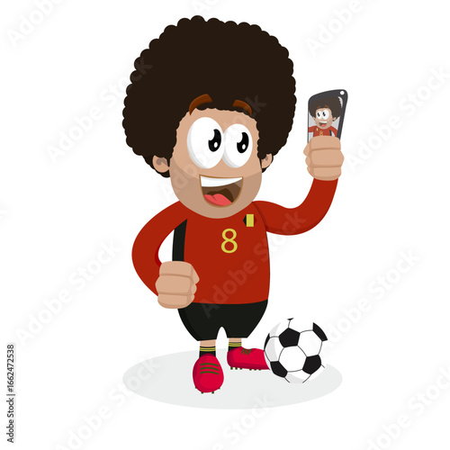 Red Jersey Soccer Player In Red Jersey Taking A Selfie With A Modern Phone