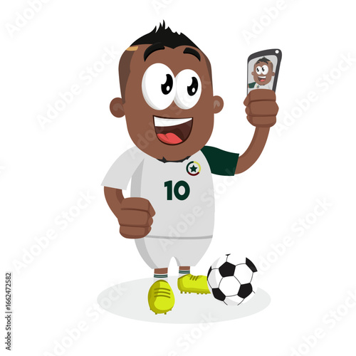 Happy Soccer Player In White Jersey Taking A Selfie With His Smartphone