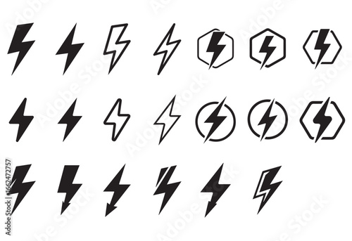 set lightning bolt, thunder symbols set, energy outline solid icons, vector icons, flash thunderbolt symbol collection