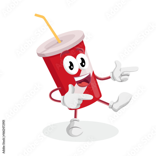 Happy Red Soda Cup Character Pointing To The Side With A Cheerful Face