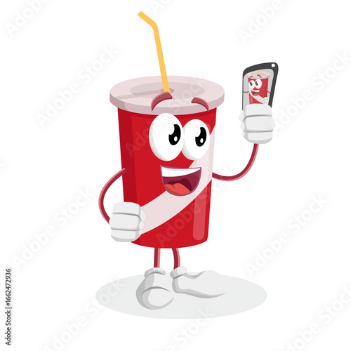 Red Soda Cup Character Taking A Fun Selfie Using A Modern Smartphone