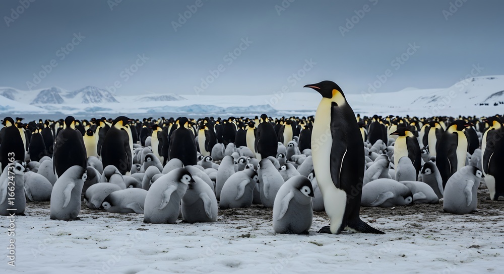 Obraz premium Emperor penguins colony with chicks in snowy landscape