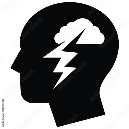Illustration of a head silhouette with a storm cloud and lightning bolt inside, symbolizing mental health issues