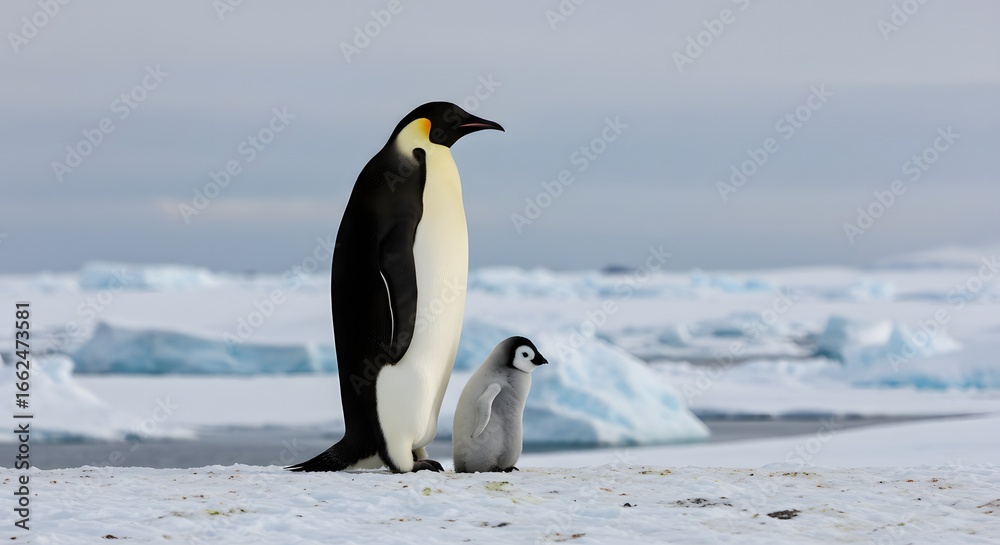 Fototapeta premium Penguin chick and adult on ice