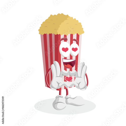 Cute Popcorn Cartoon Character with Heart Eyes and Love Expression