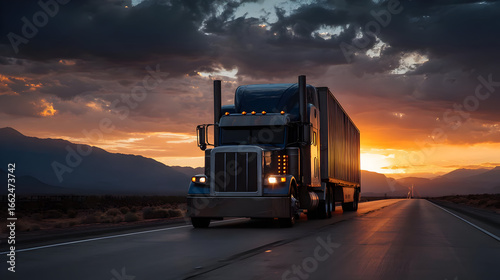 Blue Semi Truck Driving on Desert Highway at Sunset