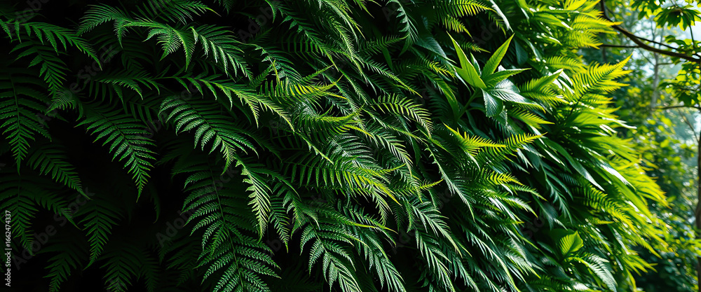 Obraz premium Dense tropical fern foliage with vibrant green jungle leaves illuminated by natural sunlight, creating lush rainforest background, wild botanical texture, and eco friendly greenery design perfect for 
