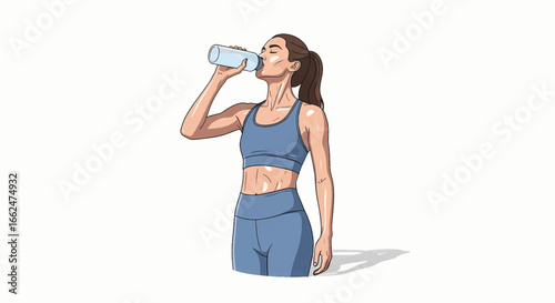 Fit woman hydrating with water bottle after workout, feeling refreshed and energized for fitness goals