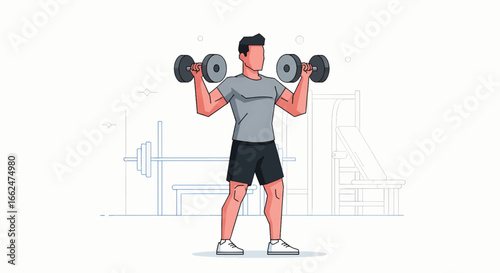 Strong man lifting dumbbells at the gym, achieving fitness goals with dedication and power