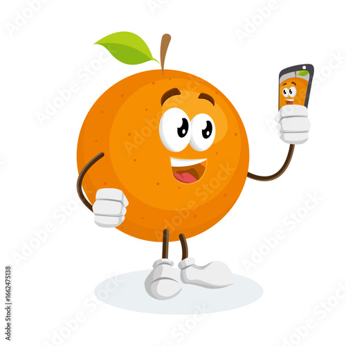 Orange Fruit Character Mascot Holding a Smartphone for Digital Communication