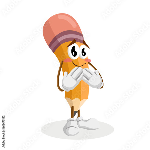 Shy and Blushing Pencil Character Mascot with Hands on Face