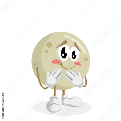 A shy and embarrassed moon character with a blush on its cheeks. Its hands are crossed in front of its chest, conveying shyness or timidity