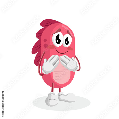 A shy and embarrassed red monster-like character with a blush on its cheeks. Its hands are crossed in front of its chest, conveying shyness or timidity