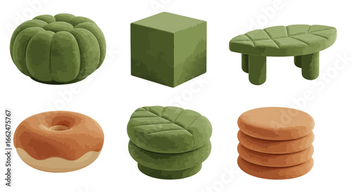 Assorted green and orange upholstered furniture-like objects, including a pumpkin-shaped ottoman, a cube ottoman, a leaf-shaped table, a donut-shaped object,...