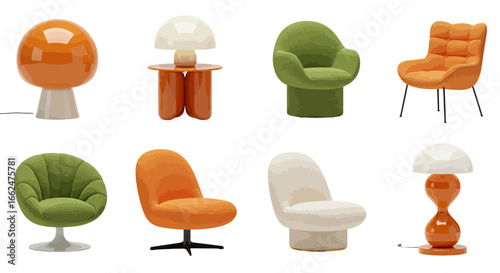 Mid-century modern furniture collection: orange, green, and white chairs and lamps.