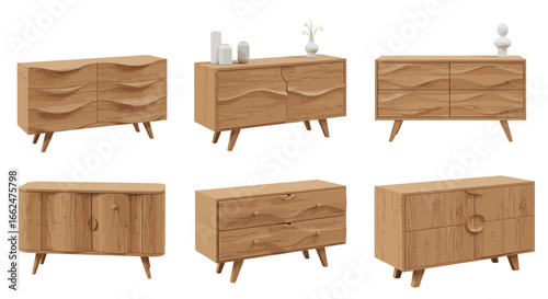 Six variations of a mid-century modern wooden sideboard, showcasing different drawer configurations and styles.