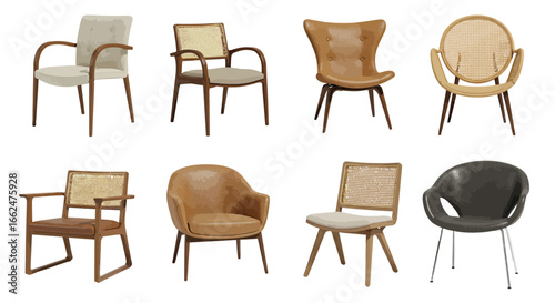A diverse collection of eight modern and contemporary chairs, showcasing various designs, materials, and styles, isolated on a white background.