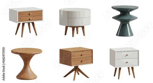 Six different modern nightstands or side tables with various shapes, colors, and materials are displayed against a white background.