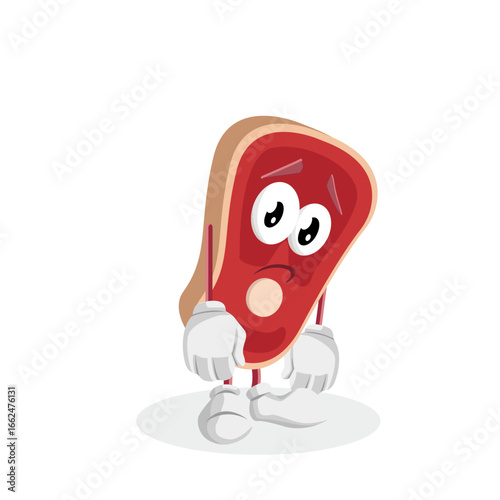 A steak character with a sad, droopy expression. It looks disappointed and unhappy, with its body tilted to the side, conveying a sense of sadness