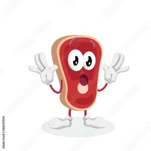 A steak character with a shocked or surprised expression, with its hands up in a gesture of disbelief and its mouth wide open