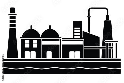 Vector art of industrial factory silhouette with detailed buildings and smokestacks, a vector illustration for manufacturing and energy themes