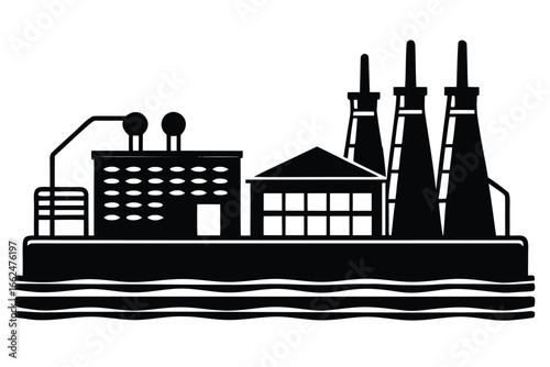Vector art of industrial factory plant building silhouette for energy production and manufacturing with smokestacks and water waves