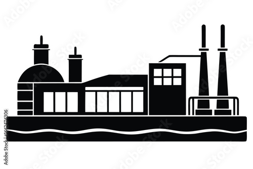 Vector art of industrial factory plant building silhouette for energy production with smokestacks and water waves in urban area
