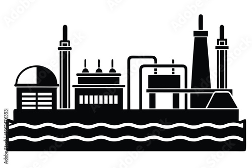 Vector art of industrial factory plant building silhouette for energy production with smokestacks and water waves in urban complex