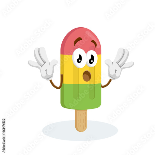 A colorful popsicle character with a surprised expression, with its mouth wide open and hands up in a gesture of shock or disbelief