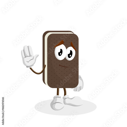 A chocolate ice cream sandwich character is raising its hand to make a "stop" gesture. It has a serious, determined expression, conveying disapproval or a warning