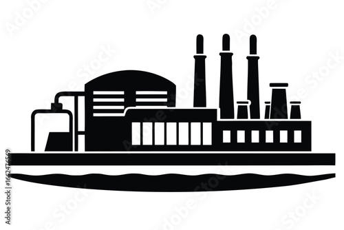 Vector art of industrial factory building silhouette, showcasing manufacturing, energy production, and urban landscape