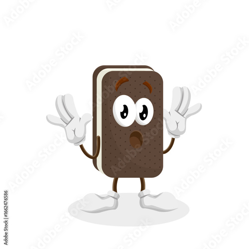 A chocolate ice cream sandwich character with a wide, surprised expression, holding its hands up. It looks shocked and amazed, with a gesture of disbelief