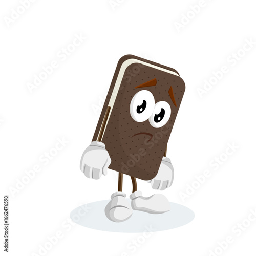 A cartoon chocolate ice cream sandwich character tilted to the side with a sad, droopy expression. It conveys a feeling of sadness, disappointment, or being unwell