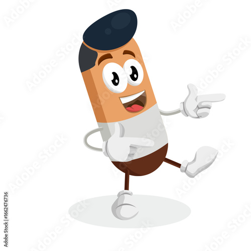 A cheerful cartoon character is walking forward while pointing his finger. He has a playful and energetic expression, as if he is inviting or guiding someone