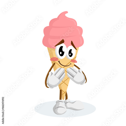 A bashful cartoon ice cream cone with its hands held together in a shy pose. This illustration conveys feelings of shyness, awkwardness, or modesty