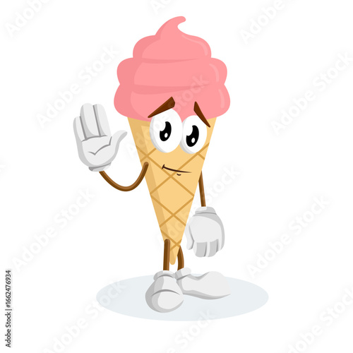 A friendly cartoon ice cream cone waving its hand in a greeting gesture. This simple and approachable character is great for welcome messages or casual communication
