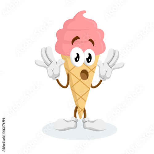 A cartoon ice cream cone looking surprised and shocked with its hands up in the air. This playful character is perfect for conveying astonishment or a sudden realization