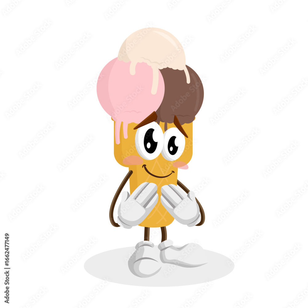Fototapeta premium A surprised ice cream cone character with wide eyes and an open mouth, its hands up in shock
