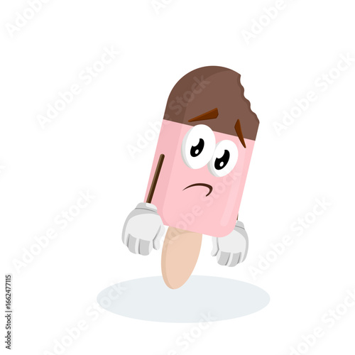A sad popsicle character with a pink swirl design, its face downcast and a hand on its head as if feeling upset