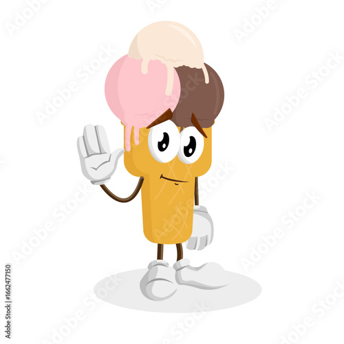 A cheerful ice cream cone character with a wide smile, waving with one hand and winking playfully