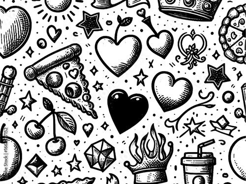A whimsical black and white doodle pattern featuring pizza slices, cherries, hearts, crowns, stars, and drinks.