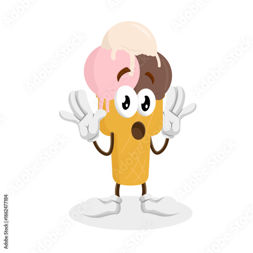 A shocked ice cream cone character with wide eyes and an open mouth, its hands up in surprise