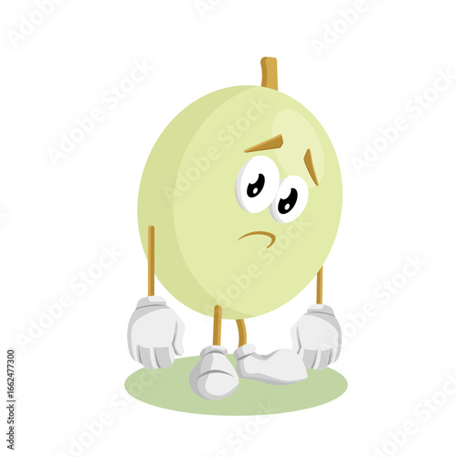 A sad and dejected cartoon melon, looking down with a tearful expression. This character is useful for expressing sadness, disappointment, or empathy in stories, greeting cards, or animated videos